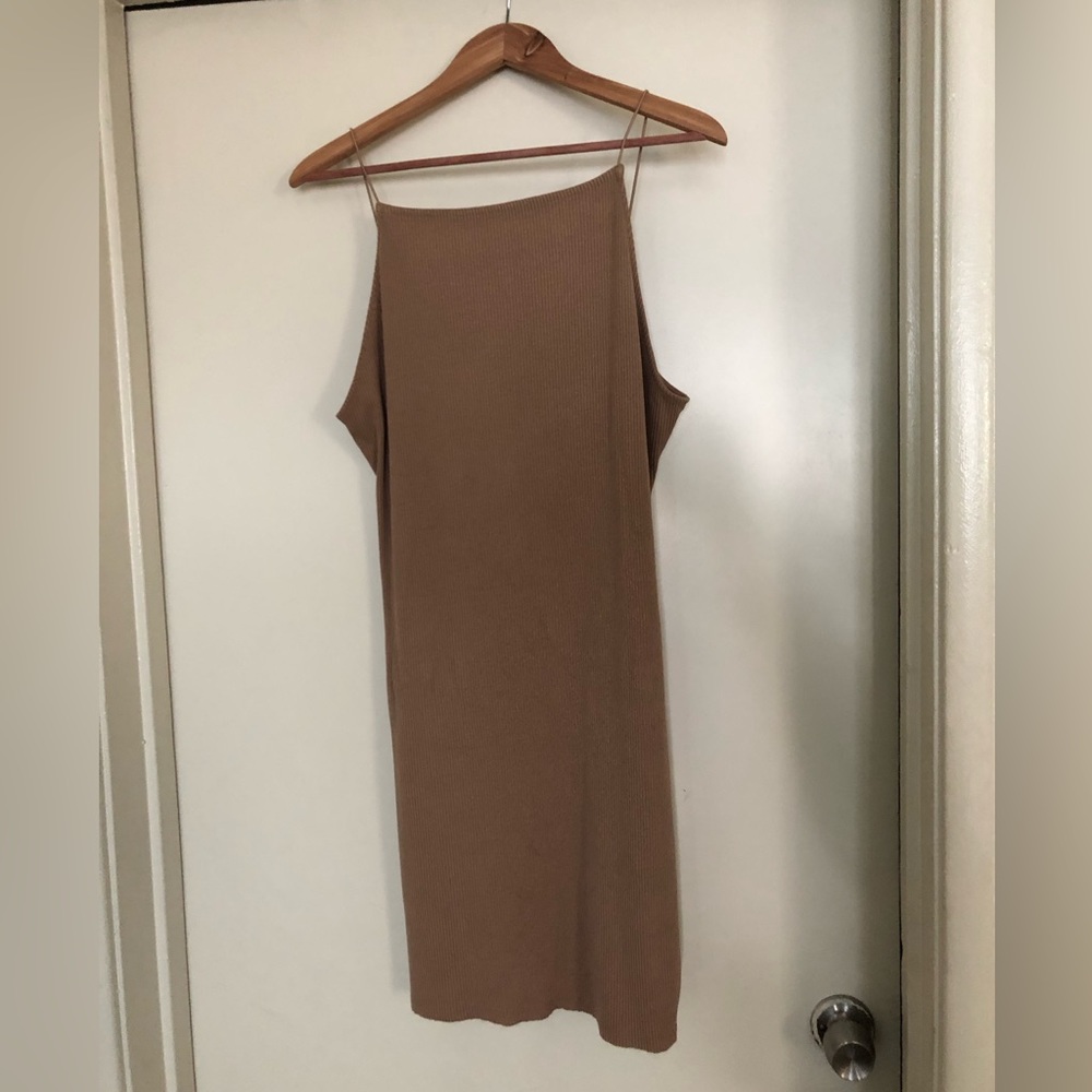 H&M square neck low back ribbed tan mini dress 

Like new!